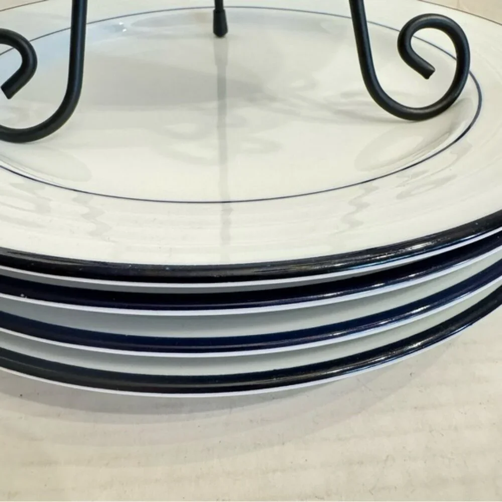 1 Crate & Barrel Spal Porcelain Roulette Blue Trim 10 5/8” Dinner Plate